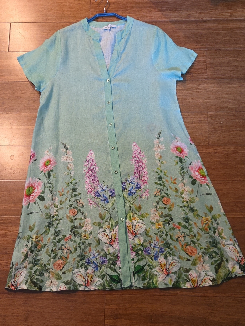 Le Ragazze Italy 100% Linen Floral Hem Button Front Shift Dress L / G Green